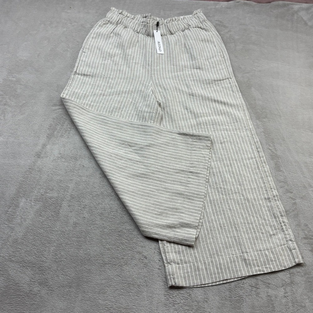 Chico's Stripe Linen Culotte Pants Womens 8 Oatmeal Wide Leg Crop Boho Vacation